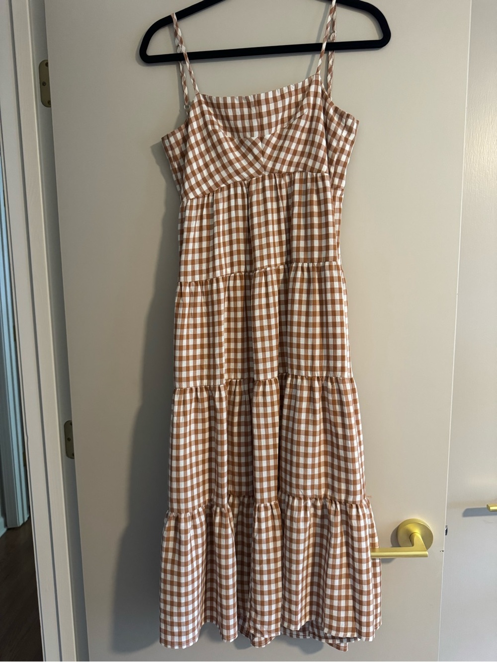 Hello Molly Brown and White Gingham Tiered Spaghetti Strap Dress